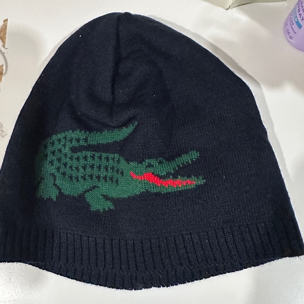 Lacoste- New Kids Navy Beanie with Green Crocodile Design